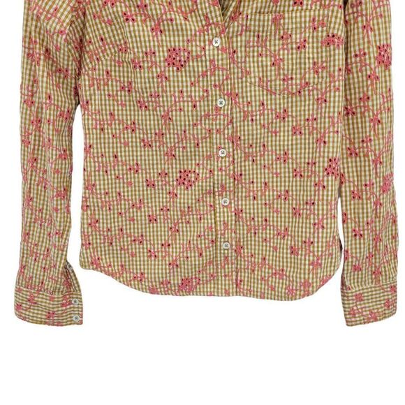 Odille Top Button Up Cottagecore Gingham Eyelet Floral Embroidered Mustard Sz 0 - Picture 6 of 9